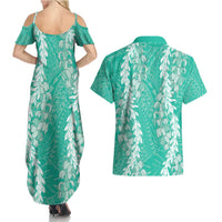 Puakenikeni and Maile Lei Couples Matching Summer Maxi Dress and Hawaiian Shirt Sage Green Double Strand Lei