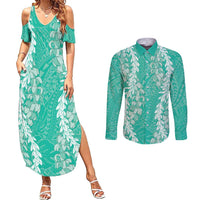 Puakenikeni and Maile Lei Couples Matching Summer Maxi Dress and Long Sleeve Button Shirt Sage Green Double Strand Lei