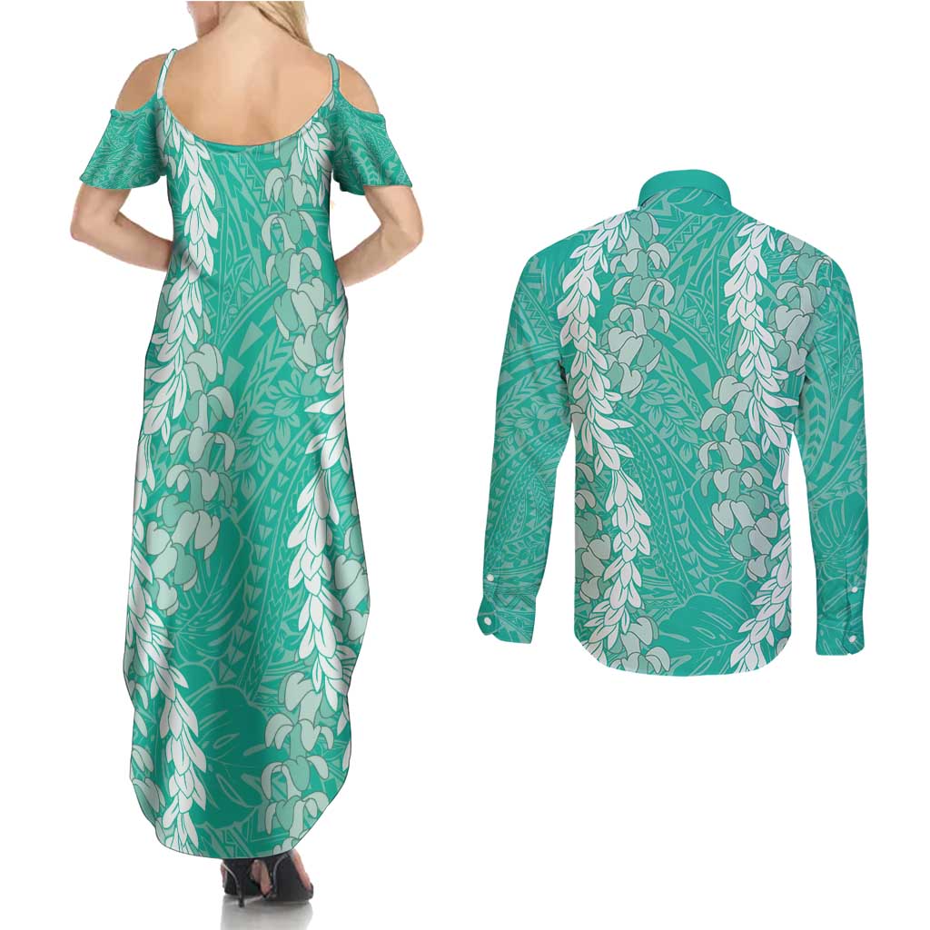 Puakenikeni and Maile Lei Couples Matching Summer Maxi Dress and Long Sleeve Button Shirt Sage Green Double Strand Lei