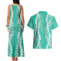 Puakenikeni and Maile Lei Couples Matching Tank Maxi Dress and Hawaiian Shirt Sage Green Double Strand Lei