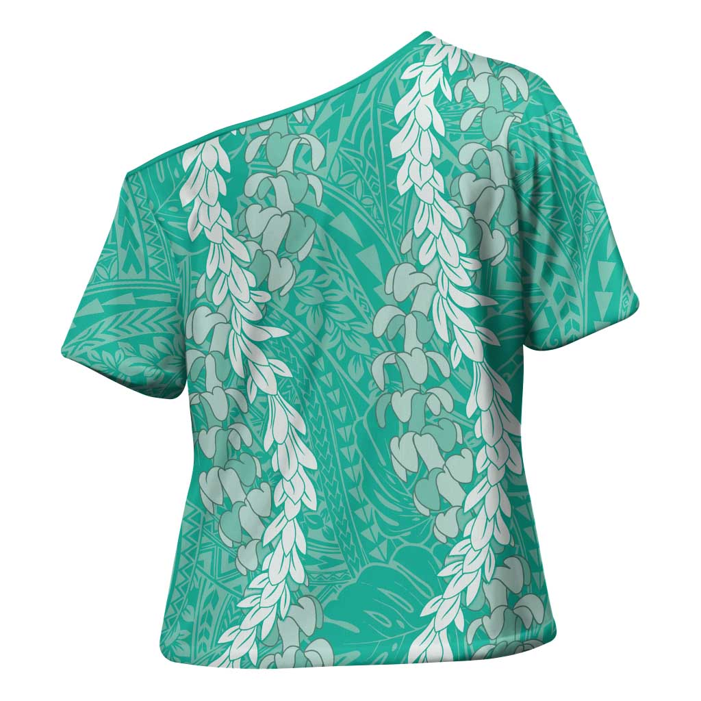 Puakenikeni and Maile Lei Cross Shoulder Shirt Sage Green Double Strand Lei - Polynesian Pride