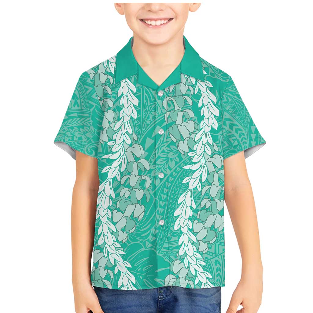 Puakenikeni and Maile Lei Family Matching Mermaid Dress and Hawaiian Shirt Sage Green Double Strand Lei