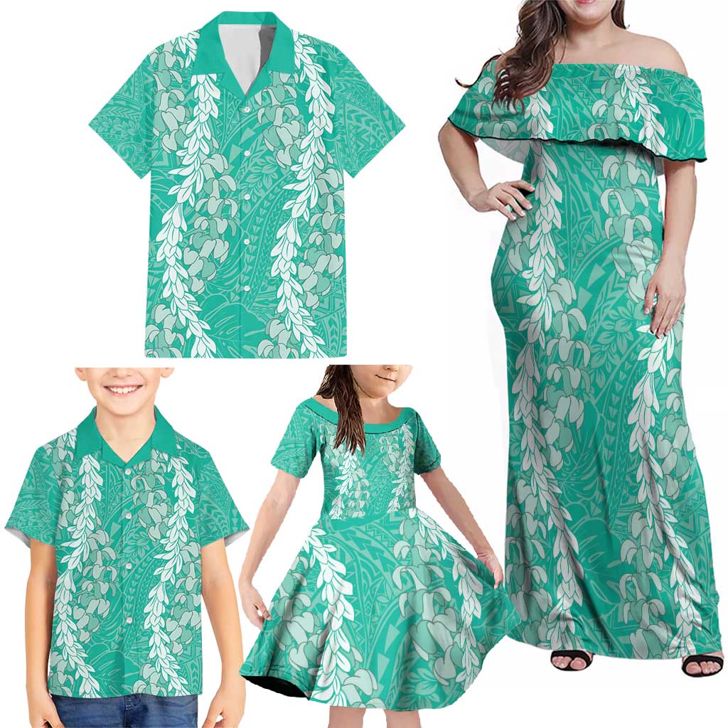 Puakenikeni and Maile Lei Family Matching Off Shoulder Maxi Dress and Hawaiian Shirt Sage Green Double Strand Lei