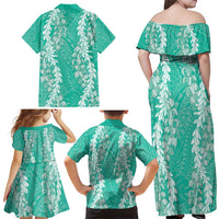 Puakenikeni and Maile Lei Family Matching Off Shoulder Maxi Dress and Hawaiian Shirt Sage Green Double Strand Lei