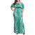 Puakenikeni and Maile Lei Family Matching Off Shoulder Maxi Dress and Hawaiian Shirt Sage Green Double Strand Lei