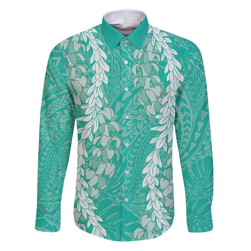 Puakenikeni and Maile Lei Family Matching Puletasi and Hawaiian Shirt Sage Green Double Strand Lei