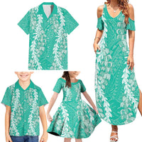 Puakenikeni and Maile Lei Family Matching Summer Maxi Dress and Hawaiian Shirt Sage Green Double Strand Lei