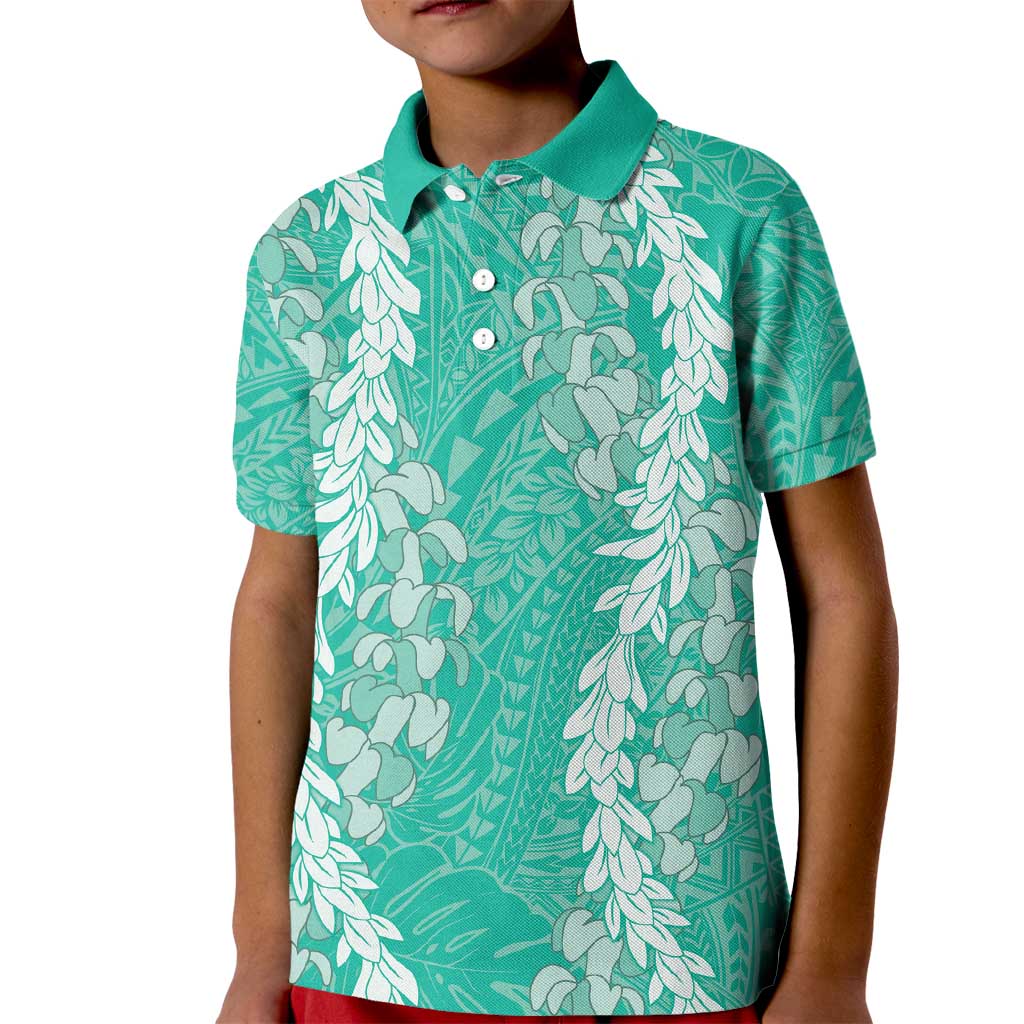 Puakenikeni and Maile Lei Kid Polo Shirt Sage Green Double Strand Lei