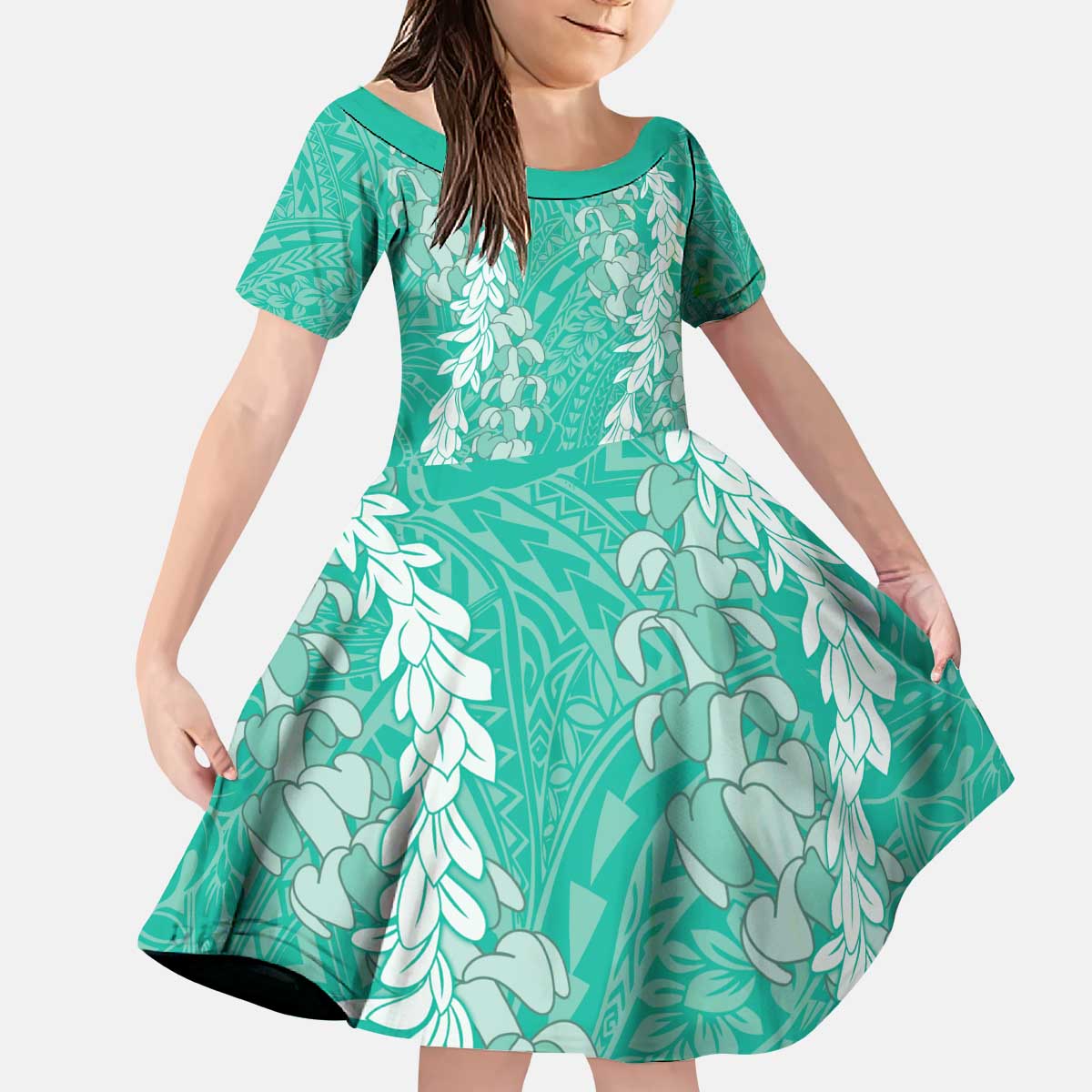 Puakenikeni and Maile Lei Kid Short Sleeve Dress Sage Green Double Strand Lei