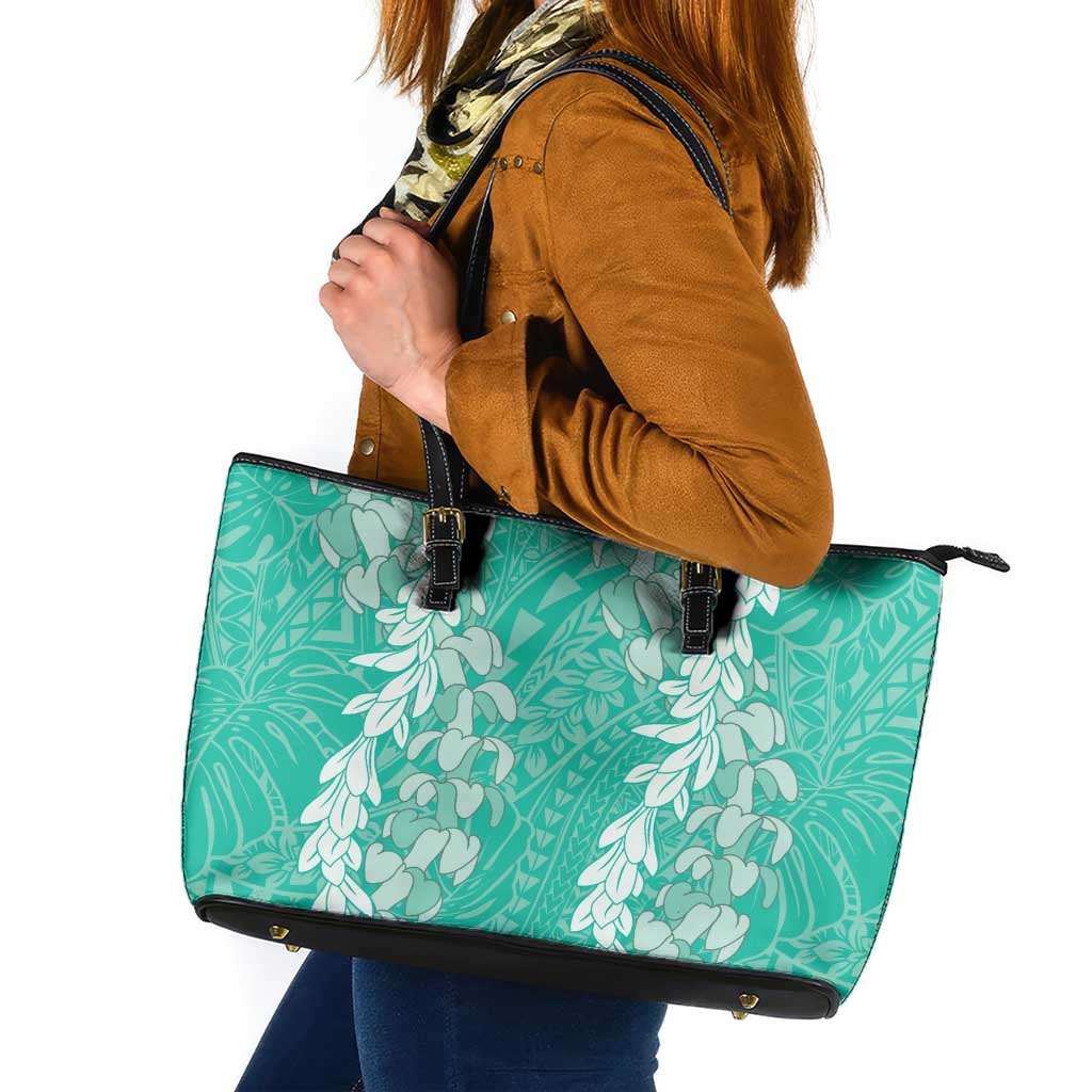 Puakenikeni and Maile Lei Leather Tote Bag Sage Green Double Strand Lei