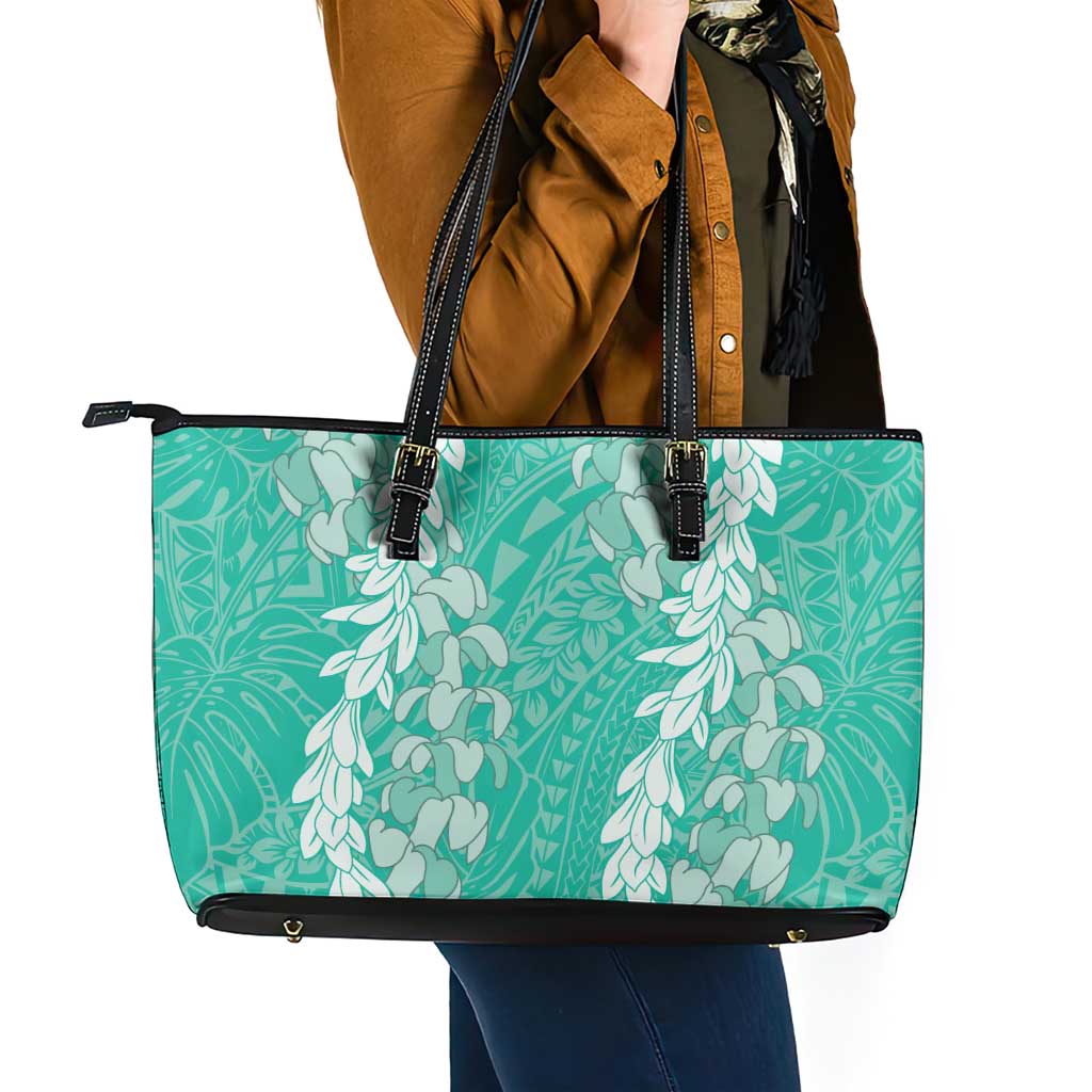 Puakenikeni and Maile Lei Leather Tote Bag Sage Green Double Strand Lei