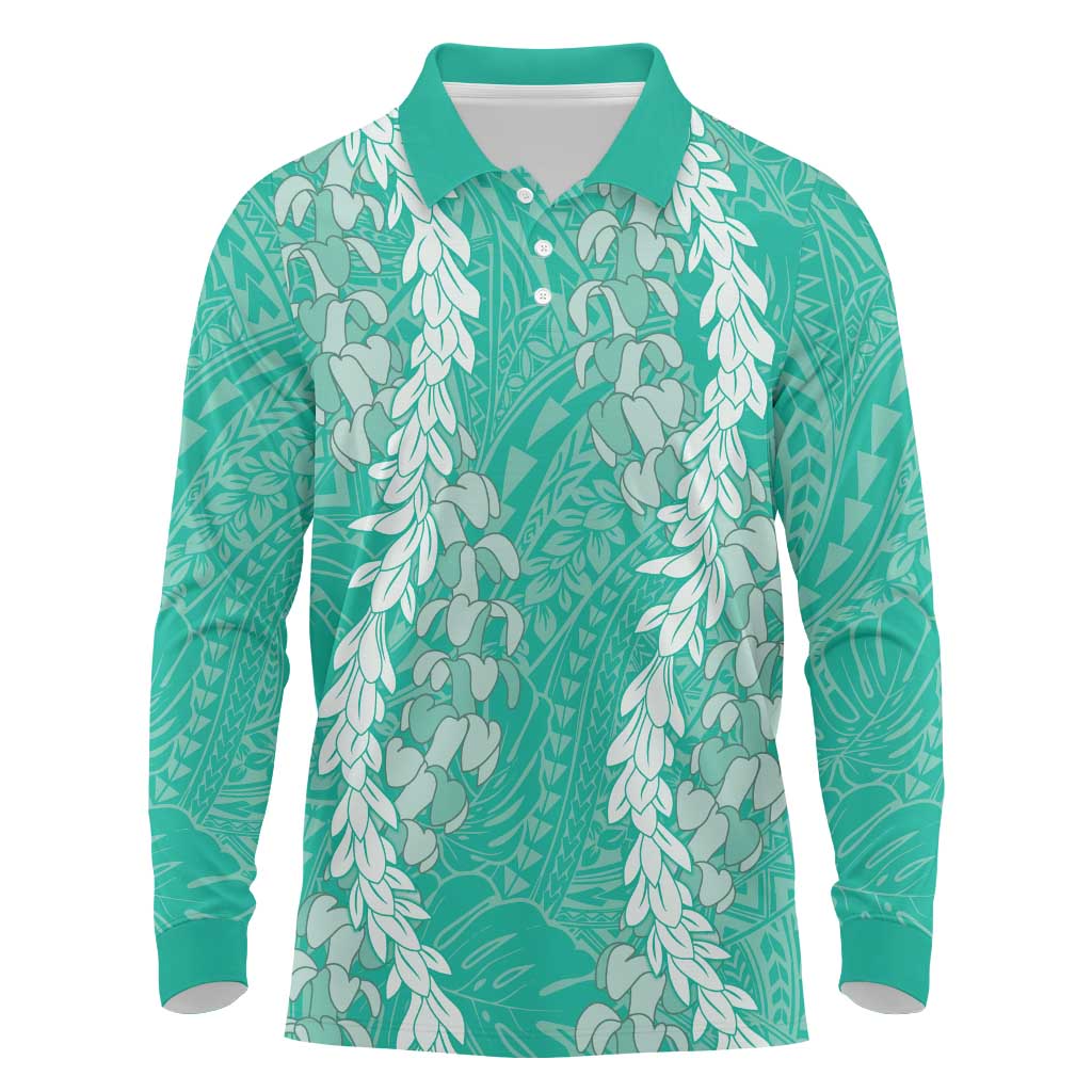 Puakenikeni and Maile Lei Long Sleeve Polo Shirt Sage Green Double Strand Lei LT9 Sage Green - Polynesian Pride
