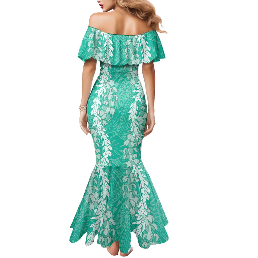 Puakenikeni and Maile Lei Mermaid Dress Sage Green Double Strand Lei