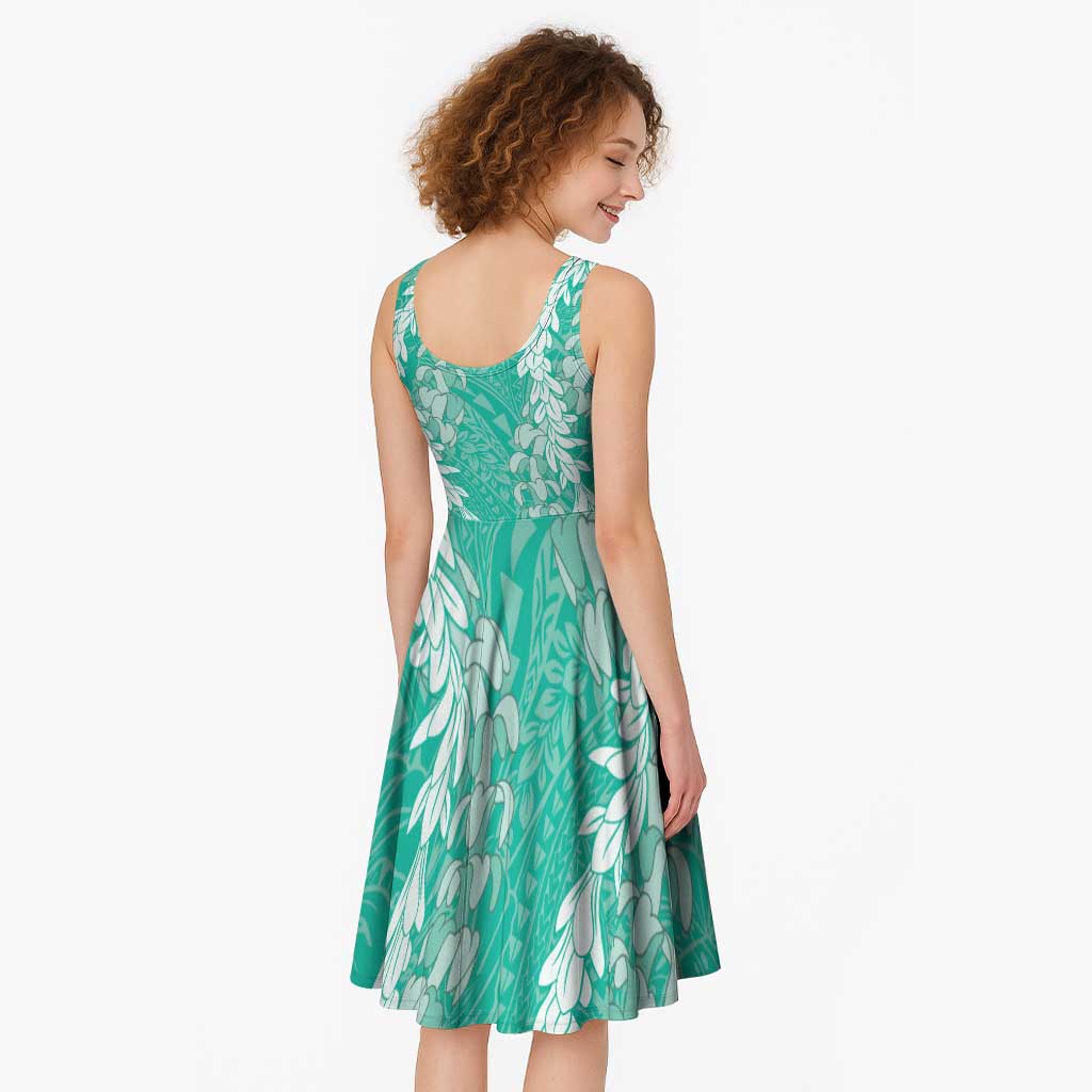 Puakenikeni and Maile Lei Midi Dress Sage Green Double Strand Lei - Polynesian Pride