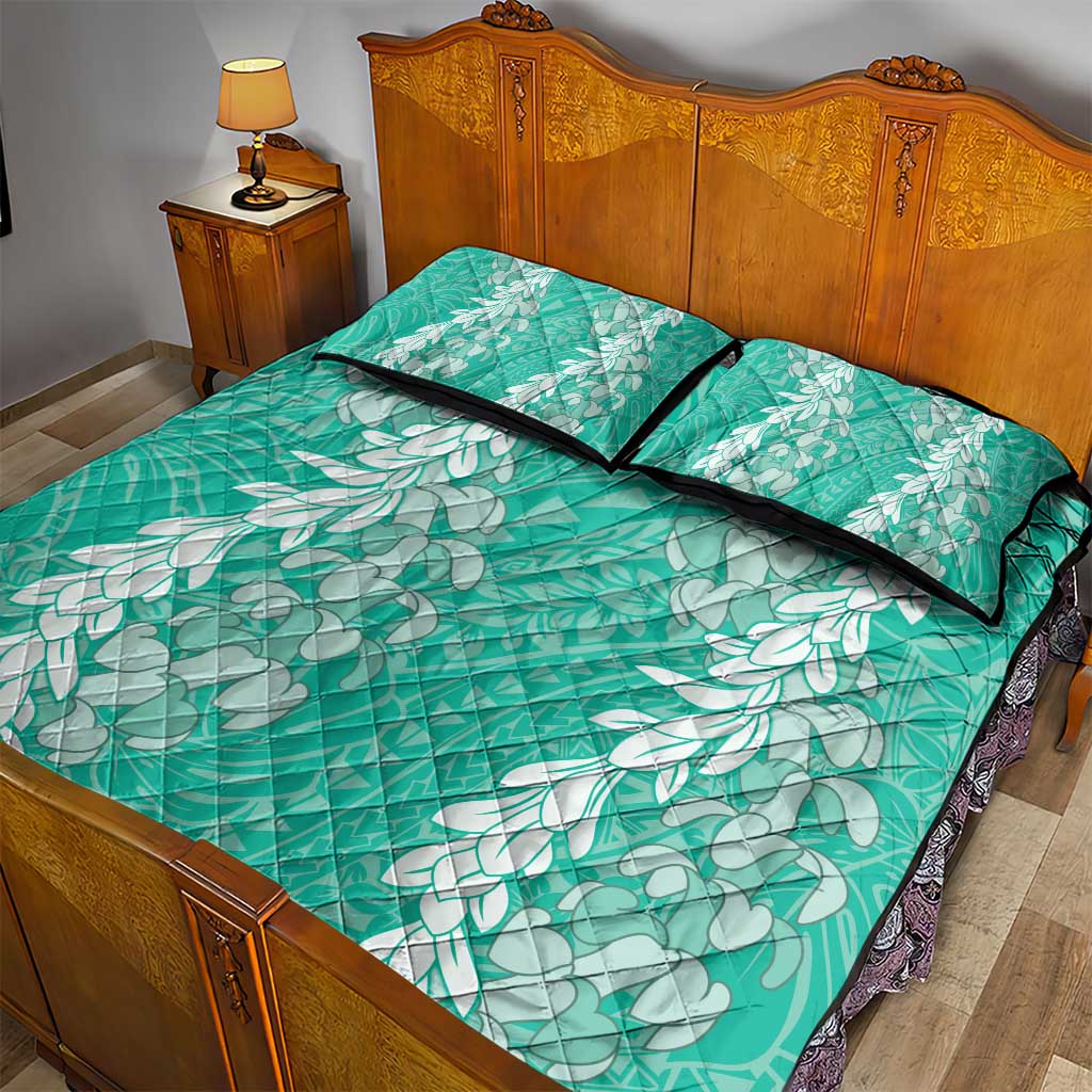 Puakenikeni and Maile Lei Quilt Bed Set Sage Green Double Strand Lei
