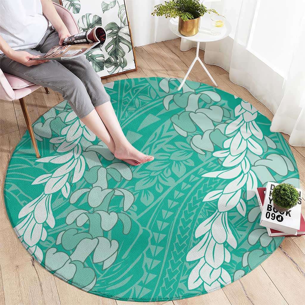 Puakenikeni and Maile Lei Round Carpet Sage Green Double Strand Lei