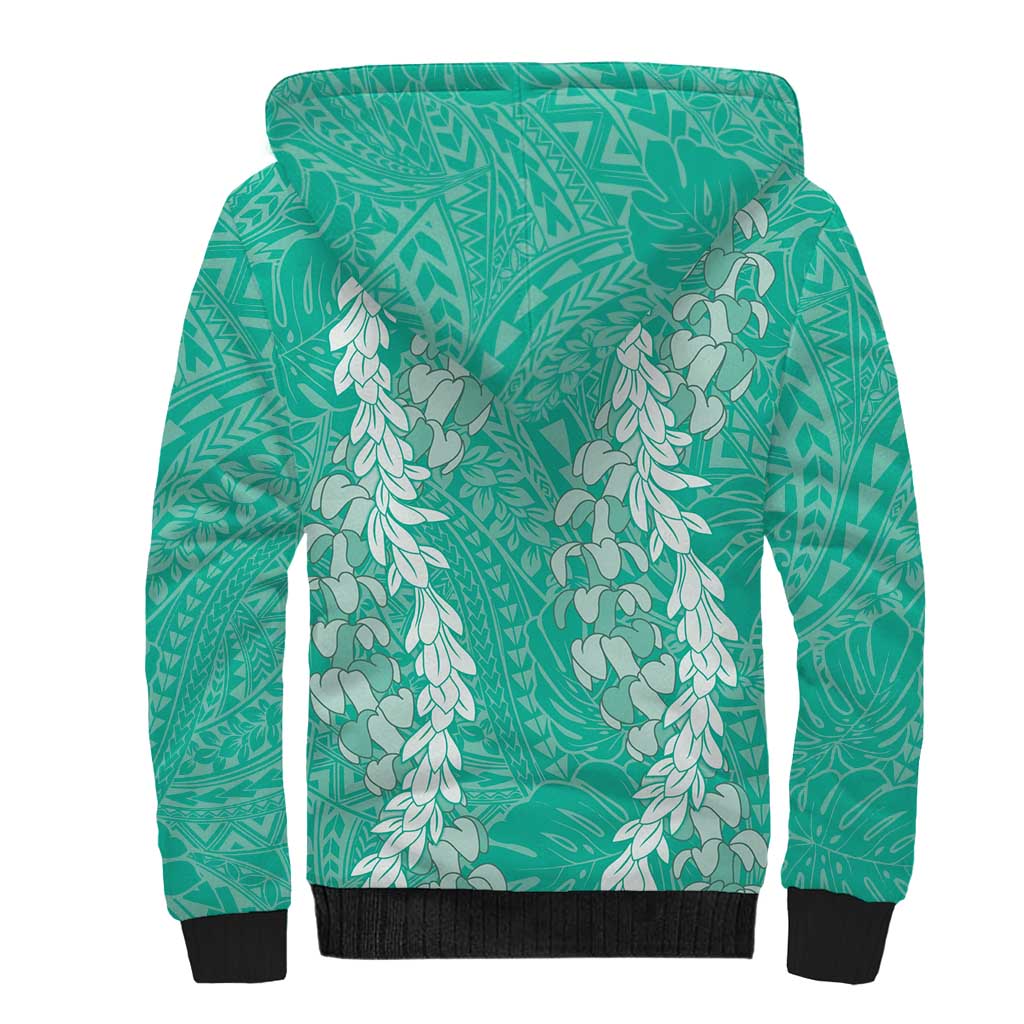 Puakenikeni and Maile Lei Sherpa Hoodie Sage Green Double Strand Lei