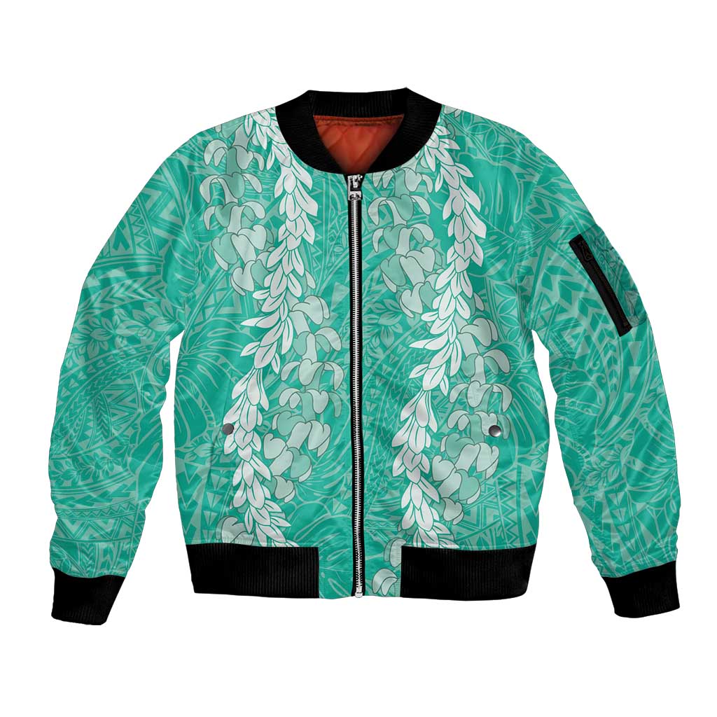 Puakenikeni and Maile Lei Sleeve Zip Bomber Jacket Sage Green Double Strand Lei LT9 Unisex Sage Green - Polynesian Pride