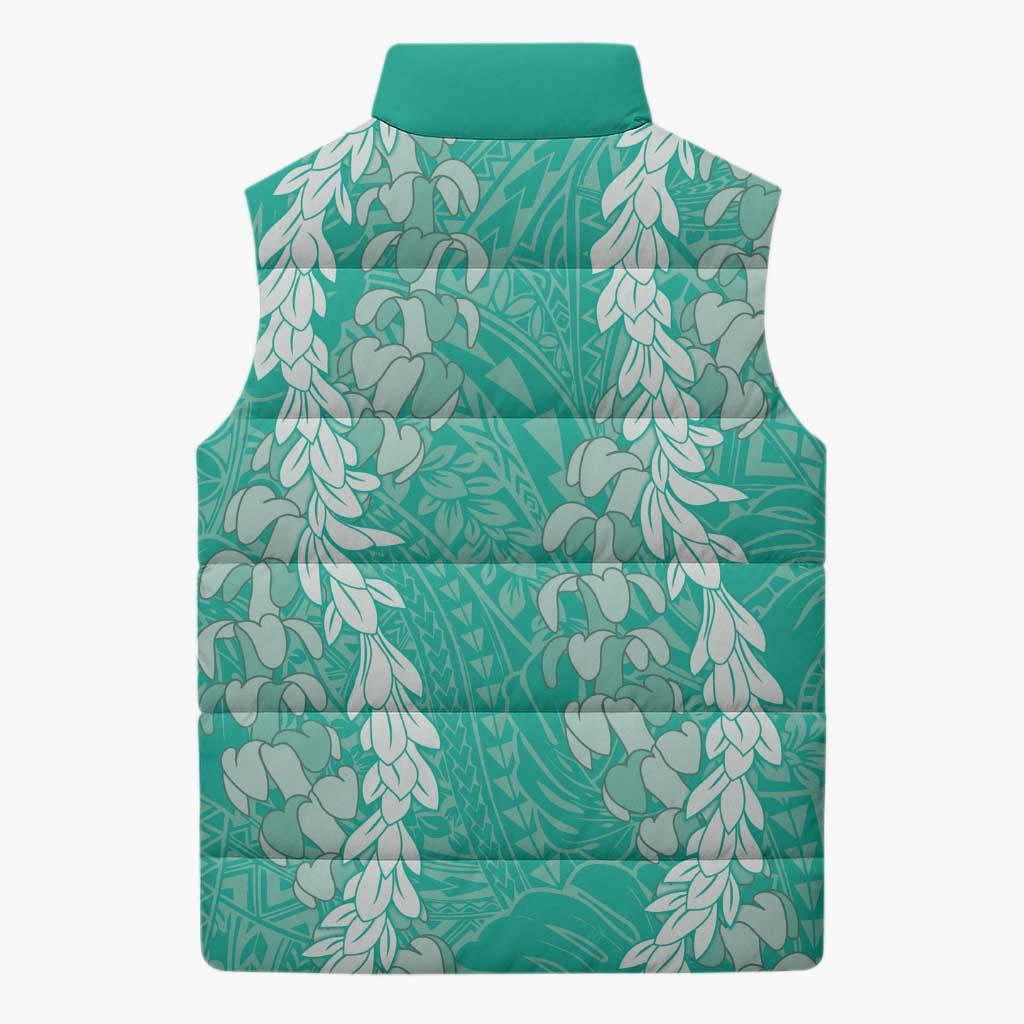 Puakenikeni and Maile Lei Sleeveless Puffer Jacket Sage Green Double Strand Lei - Polynesian Pride
