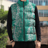 Puakenikeni and Maile Lei Sleeveless Puffer Jacket Sage Green Double Strand Lei - Polynesian Pride