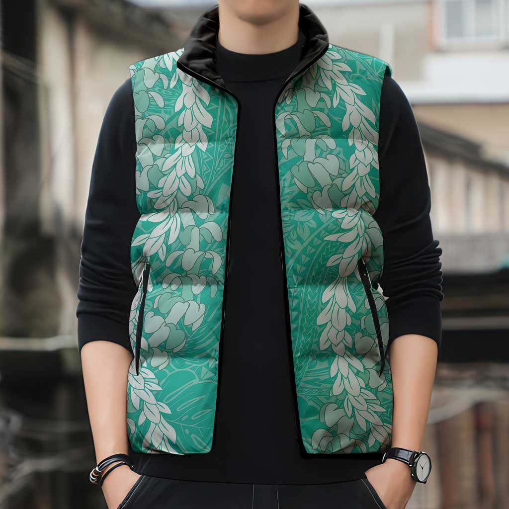 Puakenikeni and Maile Lei Sleeveless Puffer Jacket Sage Green Double Strand Lei - Polynesian Pride