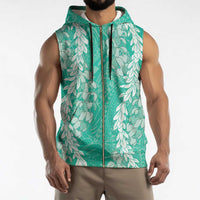 Puakenikeni and Maile Lei Sleeveless Zip Hoodie Sage Green Double Strand Lei - Polynesian Pride
