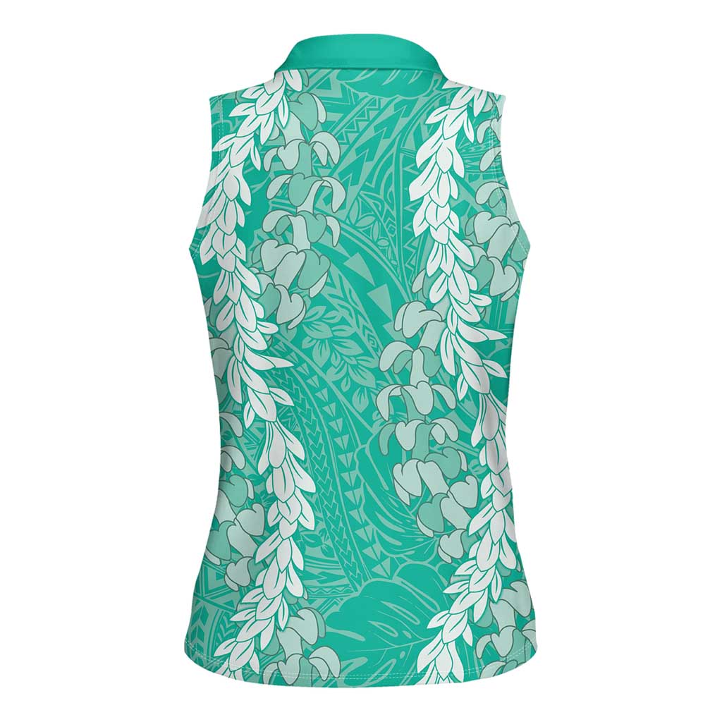 Puakenikeni and Maile Lei Women Sleeveless Polo Shirt Sage Green Double Strand Lei