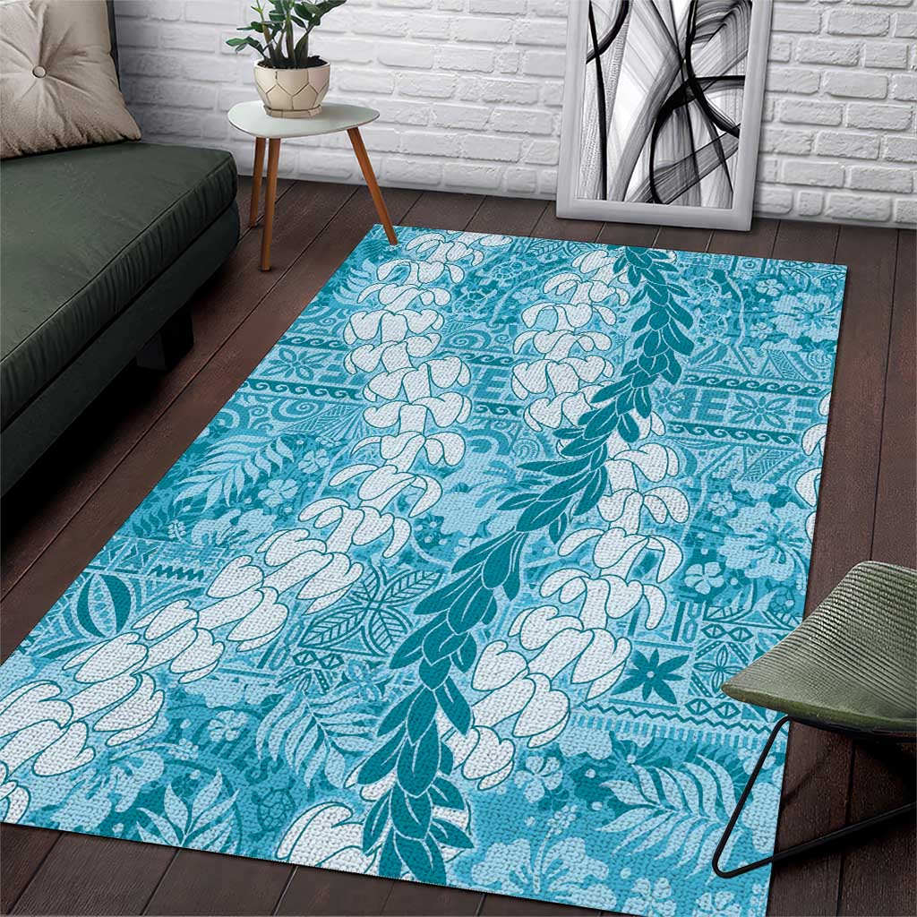 Blue Puakenikeni and Maile Lei Area Rug Hawaiian Style Tribal Tapa Double Strand Lei