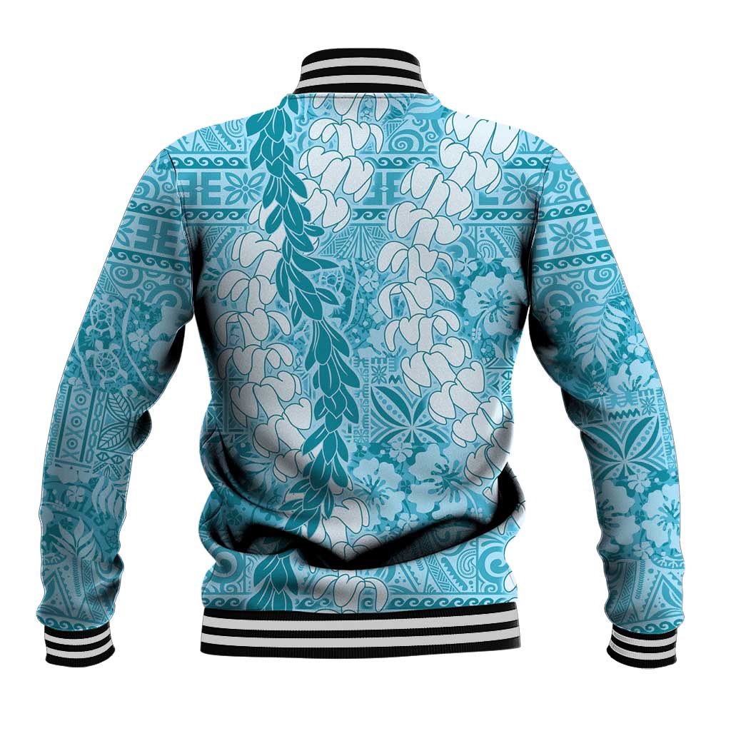 Blue Puakenikeni and Maile Lei Baseball Jacket Hawaiian Style Tribal Tapa Double Strand Lei