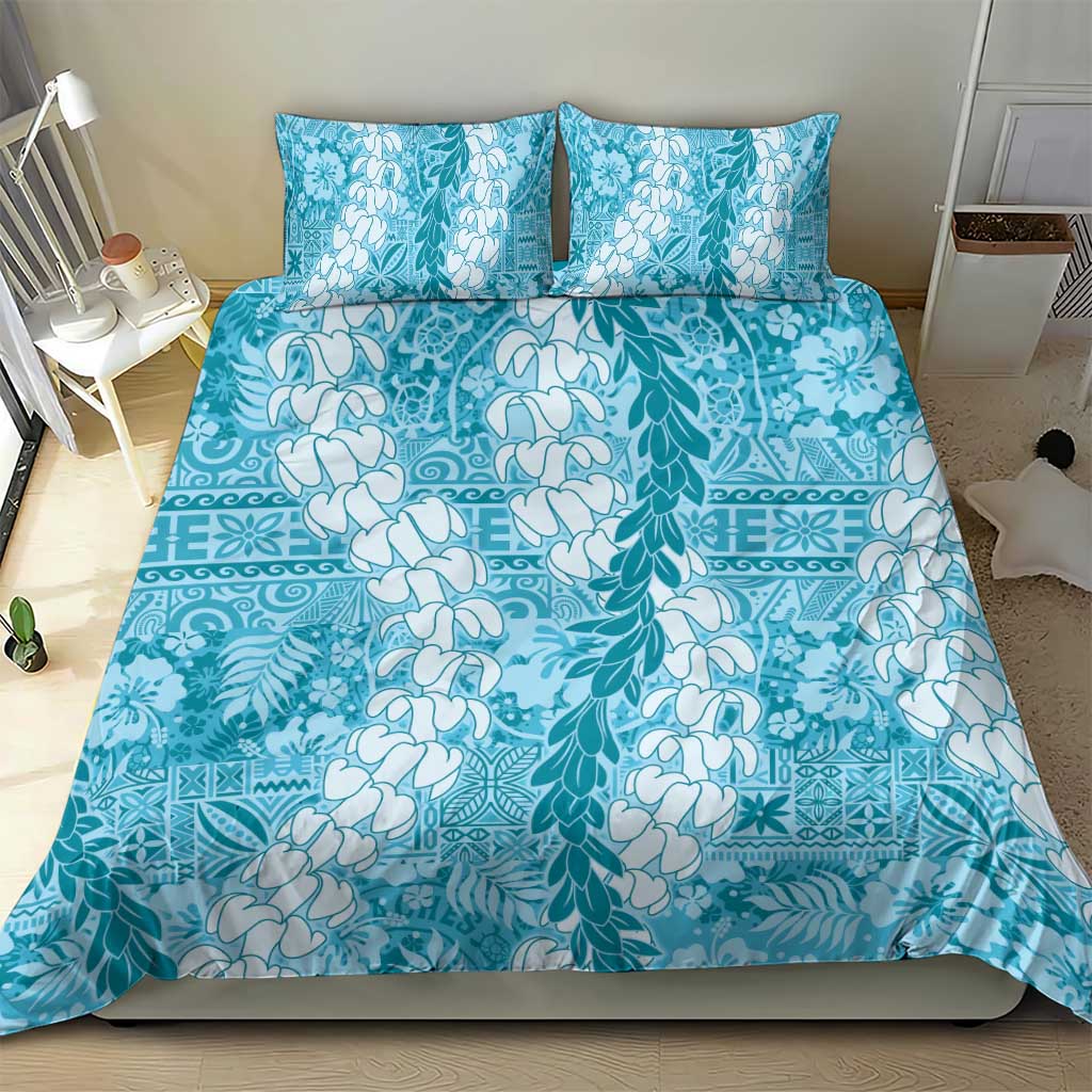 Blue Puakenikeni and Maile Lei Bedding Set Hawaiian Style Tribal Tapa Double Strand Lei