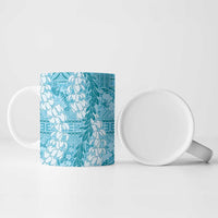 Blue Puakenikeni and Maile Lei Ceramic Mug Hawaiian Style Tribal Tapa Double Strand Lei - Polynesian Pride