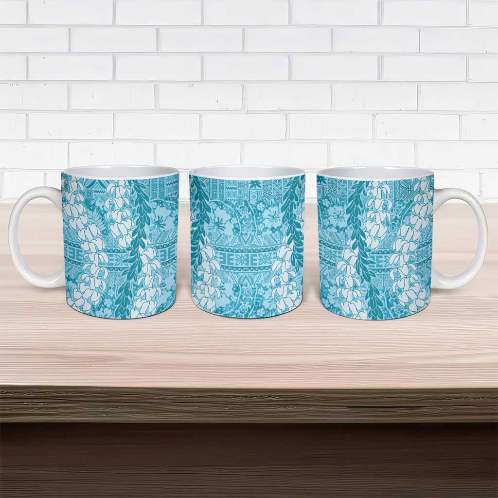 Blue Puakenikeni and Maile Lei Ceramic Mug Hawaiian Style Tribal Tapa Double Strand Lei - Polynesian Pride