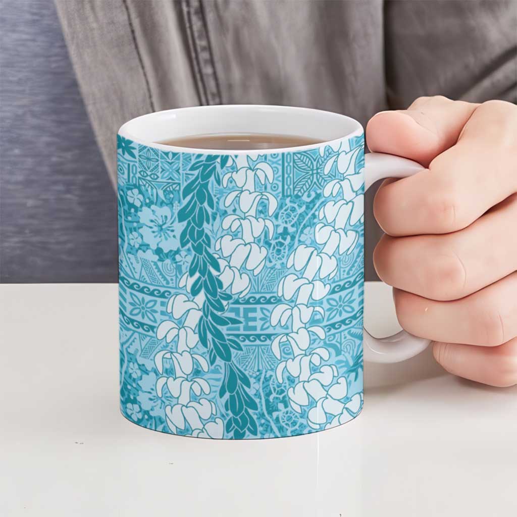 Blue Puakenikeni and Maile Lei Ceramic Mug Hawaiian Style Tribal Tapa Double Strand Lei - Polynesian Pride