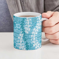 Blue Puakenikeni and Maile Lei Ceramic Mug Hawaiian Style Tribal Tapa Double Strand Lei - Polynesian Pride