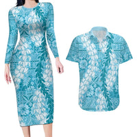 Blue Puakenikeni and Maile Lei Couples Matching Long Sleeve Bodycon Dress and Hawaiian Shirt Hawaiian Style Tribal Tapa Double Strand Lei LT9 Blue - Polynesian Pride