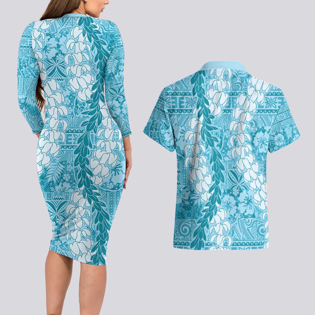 Blue Puakenikeni and Maile Lei Couples Matching Long Sleeve Bodycon Dress and Hawaiian Shirt Hawaiian Style Tribal Tapa Double Strand Lei LT9 - Polynesian Pride