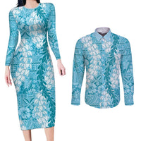 Blue Puakenikeni and Maile Lei Couples Matching Long Sleeve Bodycon Dress and Long Sleeve Button Shirt Hawaiian Style Tribal Tapa Double Strand Lei LT9 Blue - Polynesian Pride