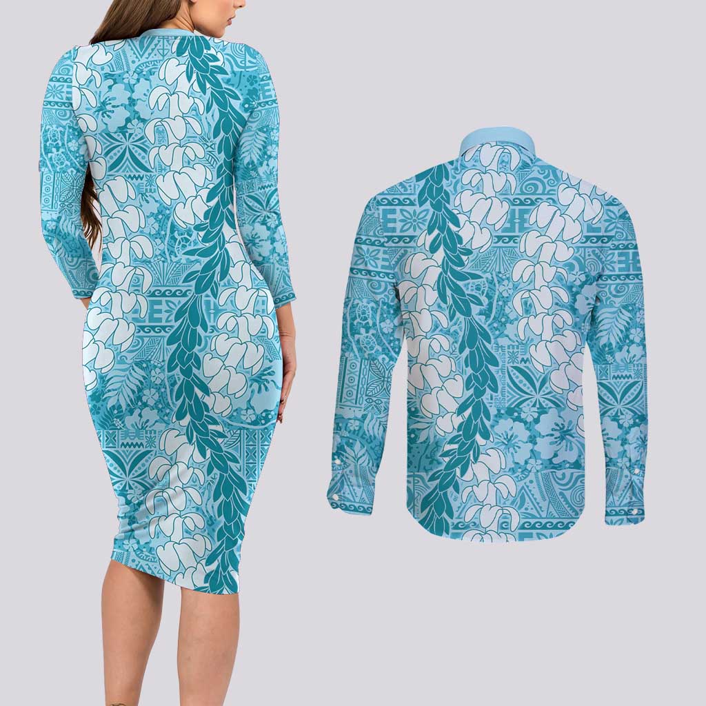 Blue Puakenikeni and Maile Lei Couples Matching Long Sleeve Bodycon Dress and Long Sleeve Button Shirt Hawaiian Style Tribal Tapa Double Strand Lei LT9 - Polynesian Pride