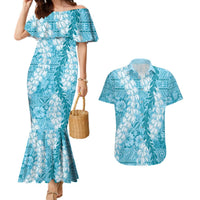 Blue Puakenikeni and Maile Lei Couples Matching Mermaid Dress and Hawaiian Shirt Hawaiian Style Tribal Tapa Double Strand Lei LT9 Blue - Polynesian Pride