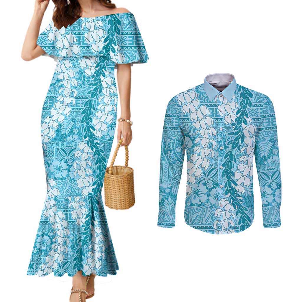 Blue Puakenikeni and Maile Lei Couples Matching Mermaid Dress and Long Sleeve Button Shirt Hawaiian Style Tribal Tapa Double Strand Lei