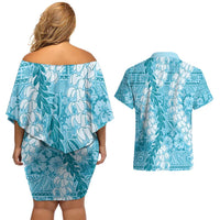Blue Puakenikeni and Maile Lei Couples Matching Off Shoulder Short Dress and Hawaiian Shirt Hawaiian Style Tribal Tapa Double Strand Lei LT9 - Polynesian Pride