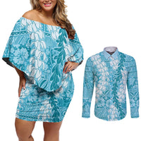 Blue Puakenikeni and Maile Lei Couples Matching Off Shoulder Short Dress and Long Sleeve Button Shirt Hawaiian Style Tribal Tapa Double Strand Lei LT9 Blue - Polynesian Pride