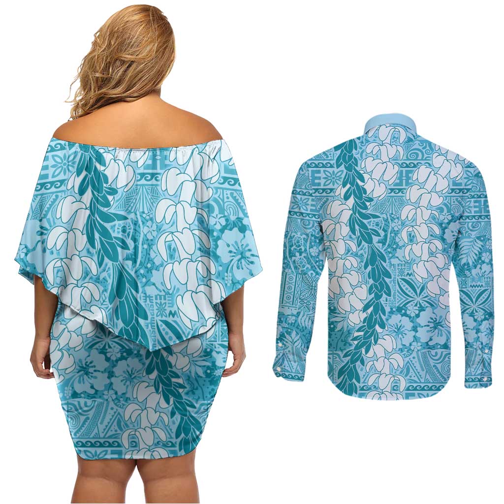 Blue Puakenikeni and Maile Lei Couples Matching Off Shoulder Short Dress and Long Sleeve Button Shirt Hawaiian Style Tribal Tapa Double Strand Lei LT9 - Polynesian Pride