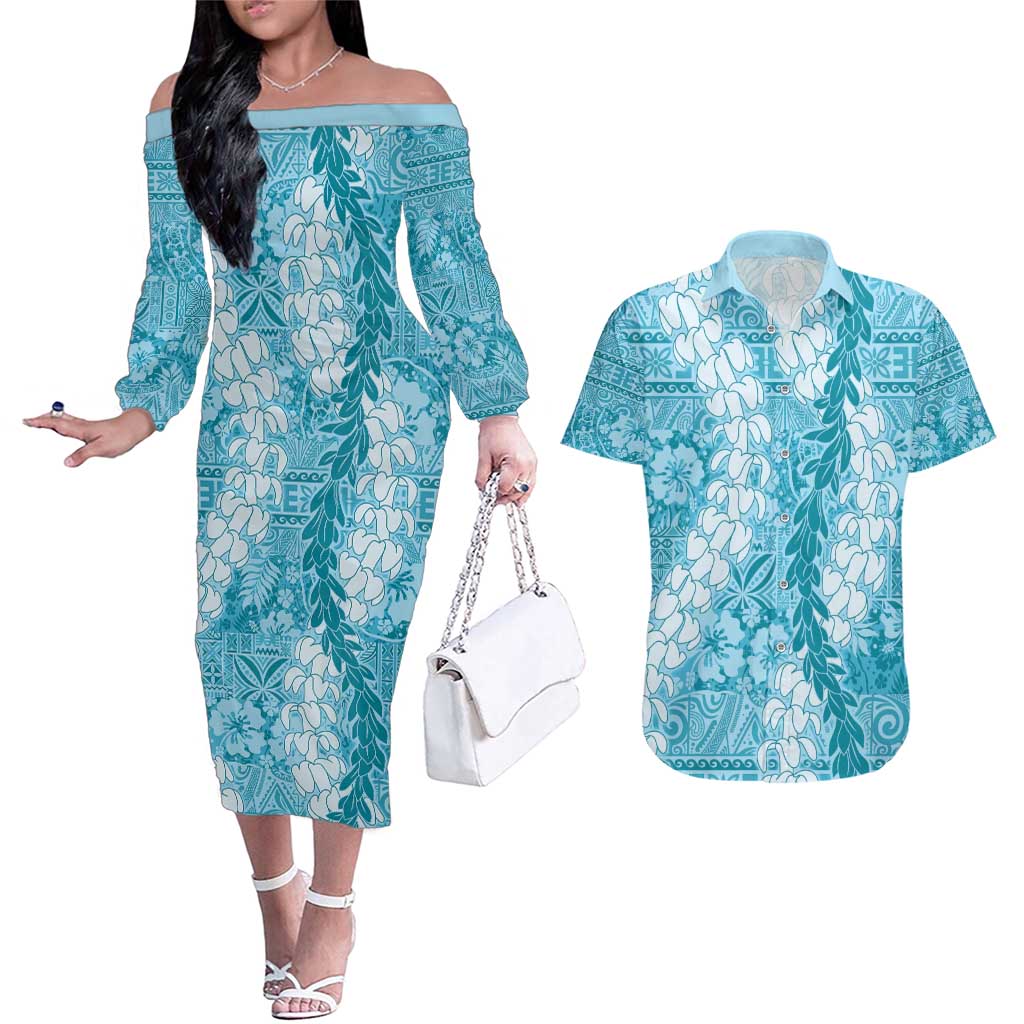 Blue Puakenikeni and Maile Lei Couples Matching Off The Shoulder Long Sleeve Dress and Hawaiian Shirt Hawaiian Style Tribal Tapa Double Strand Lei LT9 Blue - Polynesian Pride