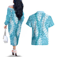 Blue Puakenikeni and Maile Lei Couples Matching Off The Shoulder Long Sleeve Dress and Hawaiian Shirt Hawaiian Style Tribal Tapa Double Strand Lei LT9 - Polynesian Pride