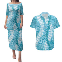 Blue Puakenikeni and Maile Lei Couples Matching Puletasi and Hawaiian Shirt Hawaiian Style Tribal Tapa Double Strand Lei LT9 Blue - Polynesian Pride