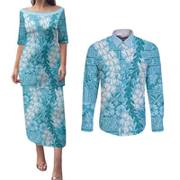 Blue Puakenikeni and Maile Lei Couples Matching Puletasi and Long Sleeve Button Shirt Hawaiian Style Tribal Tapa Double Strand Lei LT9 Blue - Polynesian Pride