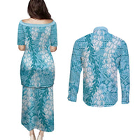 Blue Puakenikeni and Maile Lei Couples Matching Puletasi and Long Sleeve Button Shirt Hawaiian Style Tribal Tapa Double Strand Lei LT9 - Polynesian Pride