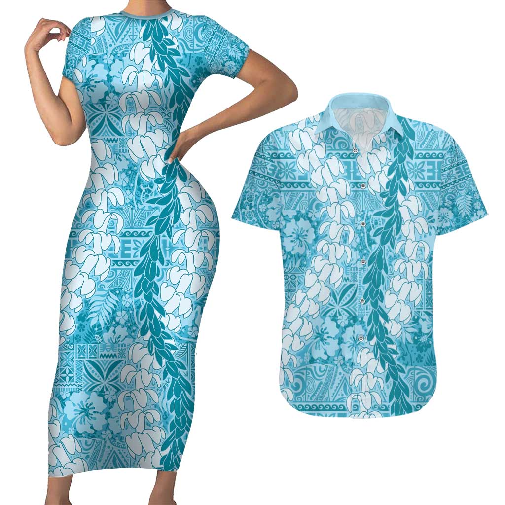 Blue Puakenikeni and Maile Lei Couples Matching Short Sleeve Bodycon Dress and Hawaiian Shirt Hawaiian Style Tribal Tapa Double Strand Lei LT9 Blue - Polynesian Pride