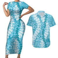 Blue Puakenikeni and Maile Lei Couples Matching Short Sleeve Bodycon Dress and Hawaiian Shirt Hawaiian Style Tribal Tapa Double Strand Lei LT9 Blue - Polynesian Pride